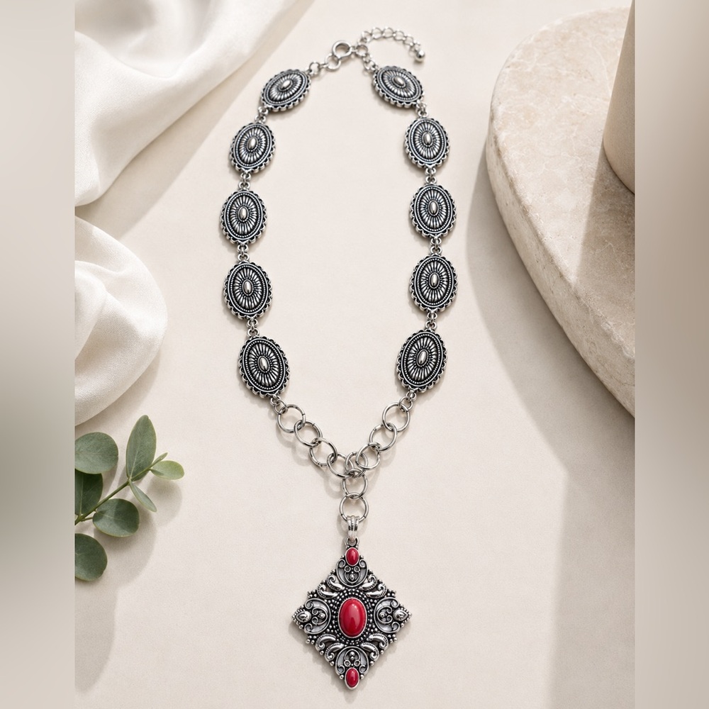 Artisan Handcrafted Bohemian Silver-Tone Necklace Red Coral Pendant OOAK 4444